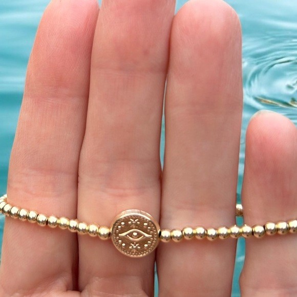 Evil eye Waterproof Bracelet GOLD FILLED Beads stretch no tarnish wear in shower - Picture 1 of 5